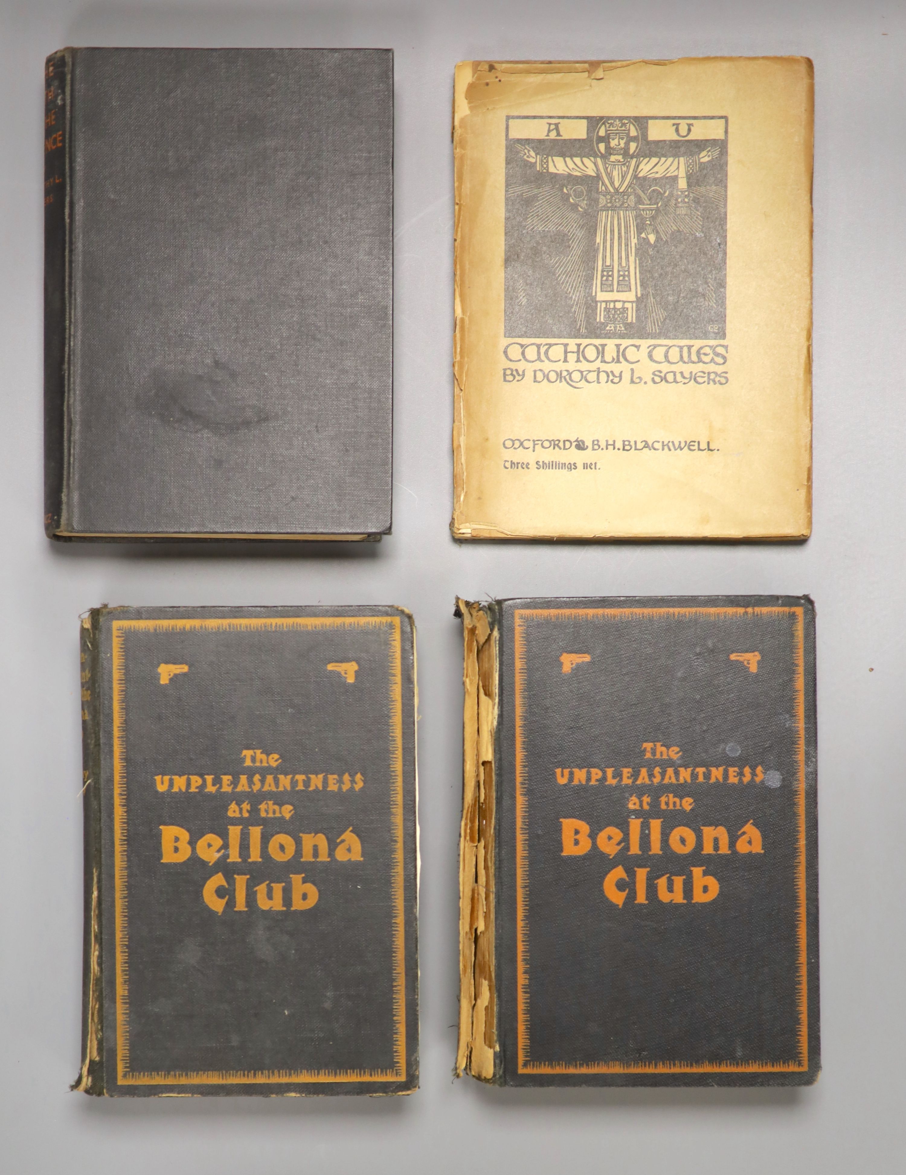 Sayers, Dorothy L. - 4 works - The Unpleasantness at the Bellona Club, 2 copies, 1st editions, original black cloth with orange lettering, both with split joints, one copy with detached half title, Ernest Benn, London, 1